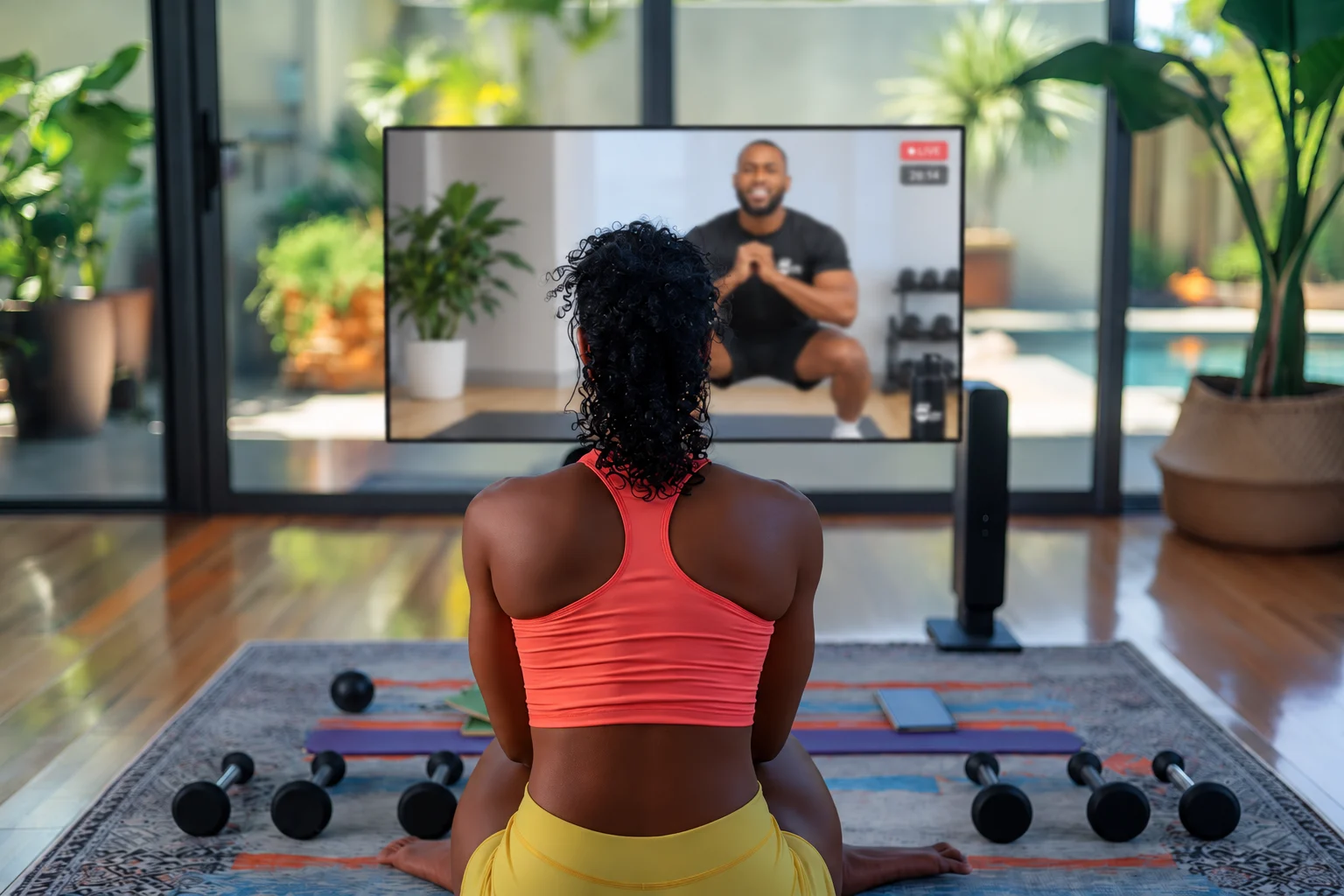 Une femme sur son tapis face à une télévision affichant une séance de fitness.